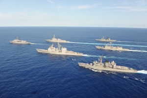 Japan's Maritime Self Defense Force, seen here with American naval vessels from an earlier military drill, is prepared to shoot down a suspected North Korean missile if necessary. (US Navy)