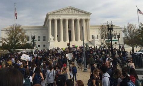 The Supreme Court building is another stop on the protest trail, both as a protest of Trump's election and his future appointee to the Supreme Court. Photo courtesy of Claudia Angel Guerrero.