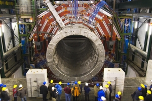 A 13,000-ton particle detector is installed in the Large Hadron Collider (LHC), the worlds largest atom-smasher, in Geneva, Switzerland. The LHC is operated by European Organization for Nuclear Research, which claims to have broken the speed of light. (Courtesy CERN/MCT)