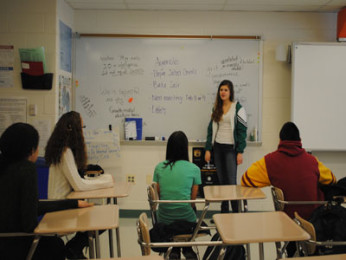 Club President, senior Isabel Moreno, discusses upcoming fundraisers with the club.