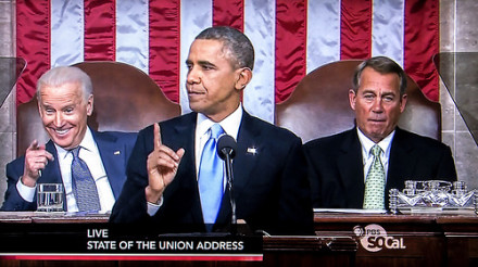 President Obama and Vice President Biden simultaneously employ their right index fingers during Obamas State of the Union address. 