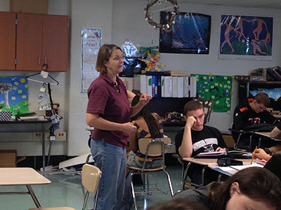 Bewick in action, teaching in her senior Honors English class.