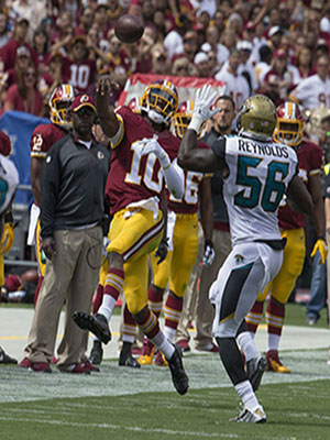 Robert Griffin III injures his ankle after throwing for a first down against the Jacksonville Jaguars.