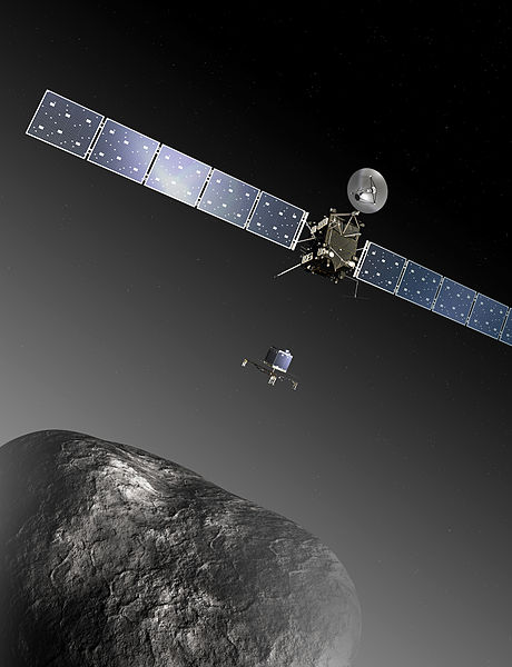 This artist’s impression of the Rosetta orbiter shows it deploying the Philae lander to comet 67p. The image is not accurate to scale.