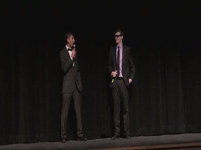 Seniors Matty Daza and Ben Resnick address each other while hosting WJ Bachelors.