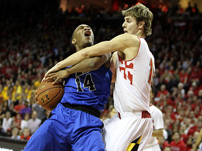 Former Duke player Rasheed Sulaimon is stripped of the ball by Marylands Jake Layman. 