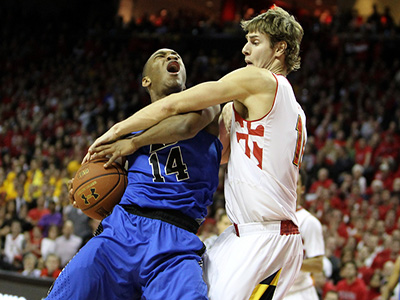 Former Duke player Rasheed Sulaimon is stripped of the ball by Marylands Jake Layman.
