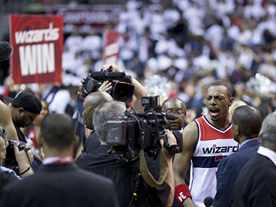 Wizards Small Forward Paul Pierce celebrates after hitting a buzzer beater in a 103-101 victory over the Atlanta Hawks in game 3 of the Eastern Conference Semifinals.