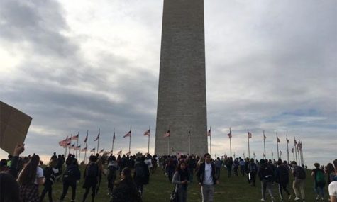 Students gather around the Washington Monument during their protest. Photo courtesy of Claudia Angel Guerrero.