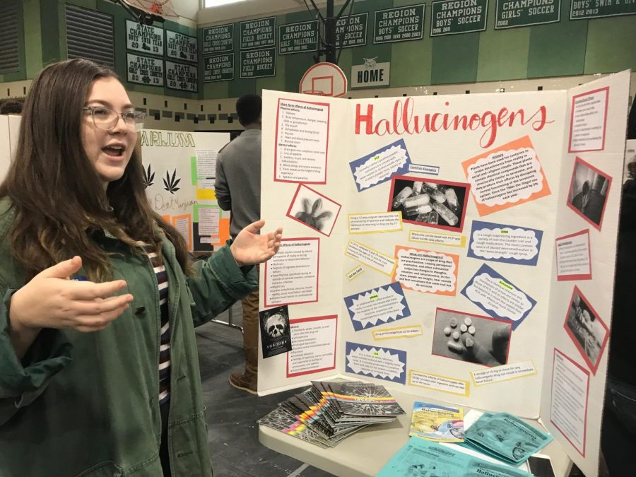 
Health student Ilana Maiman showcases the ins and outs of hallucinogens at Thursday’s Health Fair. Students across health classes worked for weeks leading up to the event, preparing gripping presentations about various issues that will affect students as they move through the different stages of life. Photo by Sam Falb.
