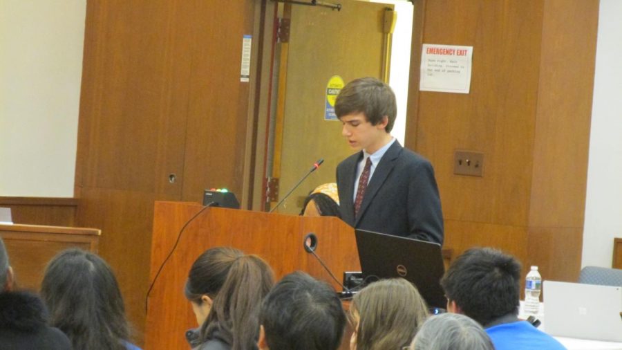 WJ junior SMOB candidate Drew Skilton presents himself in front of the panel of representatives for the MCPS Board of Education. He spoke alongside WJ representative James Bradley in an effort to change the current regulations surrounding counselor relationships with the students and their perspective schools. Photo by Jack Linde.