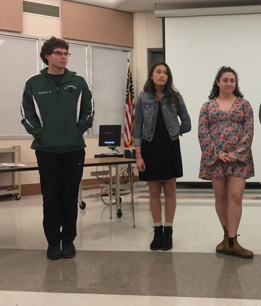 County finalists line up to hear the results from the “Drama Interpretation”. Seniors (from left) Sam Stashower, Maiya Trombley and Sophie Schulman all placed in the top six in the county.