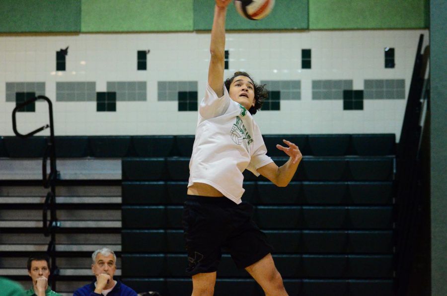 Senior Patrick Domenche spikes the ball over the net in their last match.