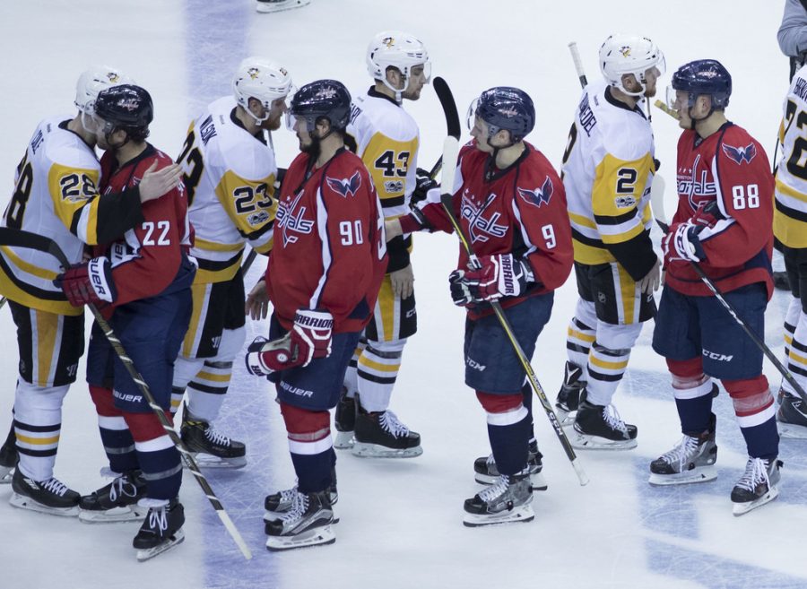 Capitals and Penguins handshake after a game. The Capitals beat the Penguins in game 6 of round 2 of the Stanley Cup Playoffs.