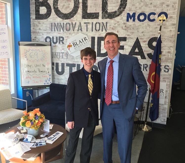 Senior Drew Skilton and former candidate David Blair work together on campaigning for the Montgomery County Democratic Primary. They both encouraged young voters to take action.  Photo courtesy of Andrew Skilton.