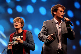 Vidcon creators Hank Green (left) and John Green (right) present at the convention. These two youtubers have also had success with their books and movies. 
