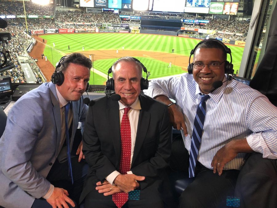 Kurkjian (center) called the September 19 Boston Red Sox vs. New York Yankees game on ESPN. Kurkjian, who graduated from WJ in 1974, has worked for ESPN since 1998.