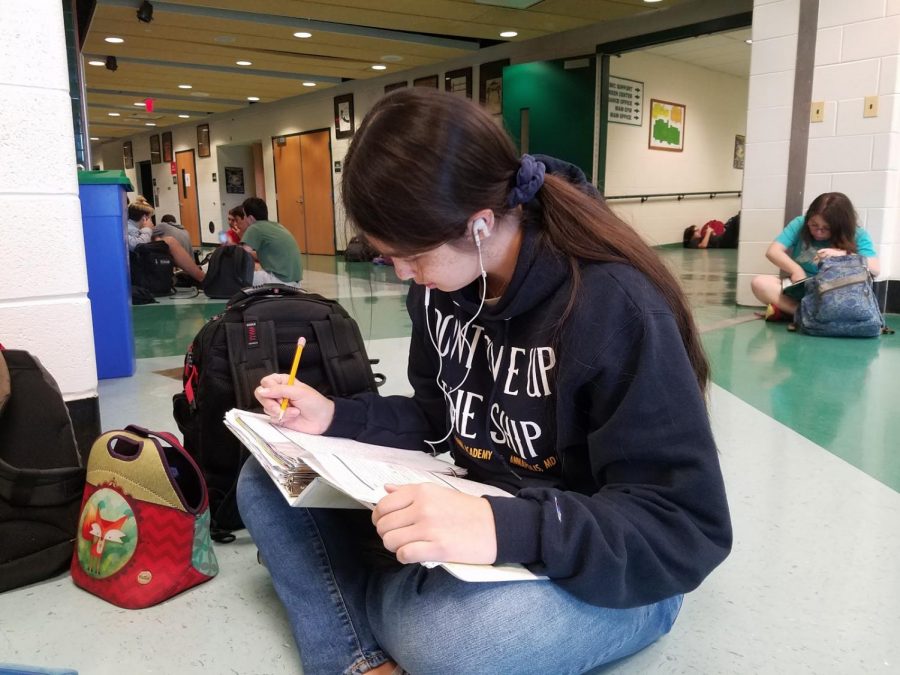 Sophomore Madison Mateo works on Spanish homework during lunch.  Lunch is a popular time for students to finish work that they were unable to finish at home. 