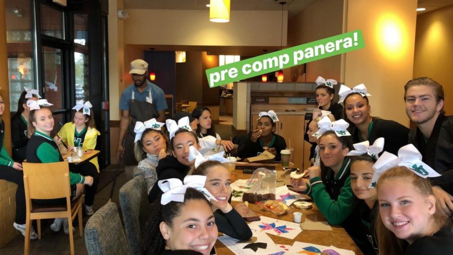 The varsity cheer team goes out for a team lunch with time to spare before they compete. Bonding with your teammates helps alleviate the stress level and make lasting relationships, which play an important role on the mat/field. 