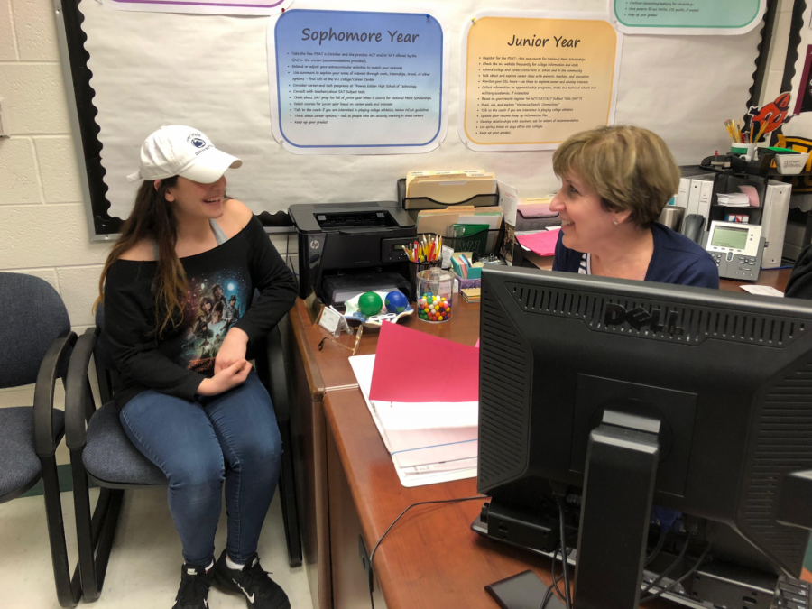 Sophomore Jordan Kelbert discusses future Penn State plans with college aid Gayle Evans. Evans has helped Kelbert, like many other students, with managing the college process and search as well as summer programs and jobs for seven years.