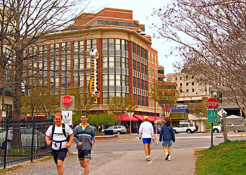 Runners enter the Capital Crescent Trail, which feeds into Bethesda Avenue. The trail was established in 1966 and the Bethesda-Silver Spring portion was temporarily closed in September of 2017. 