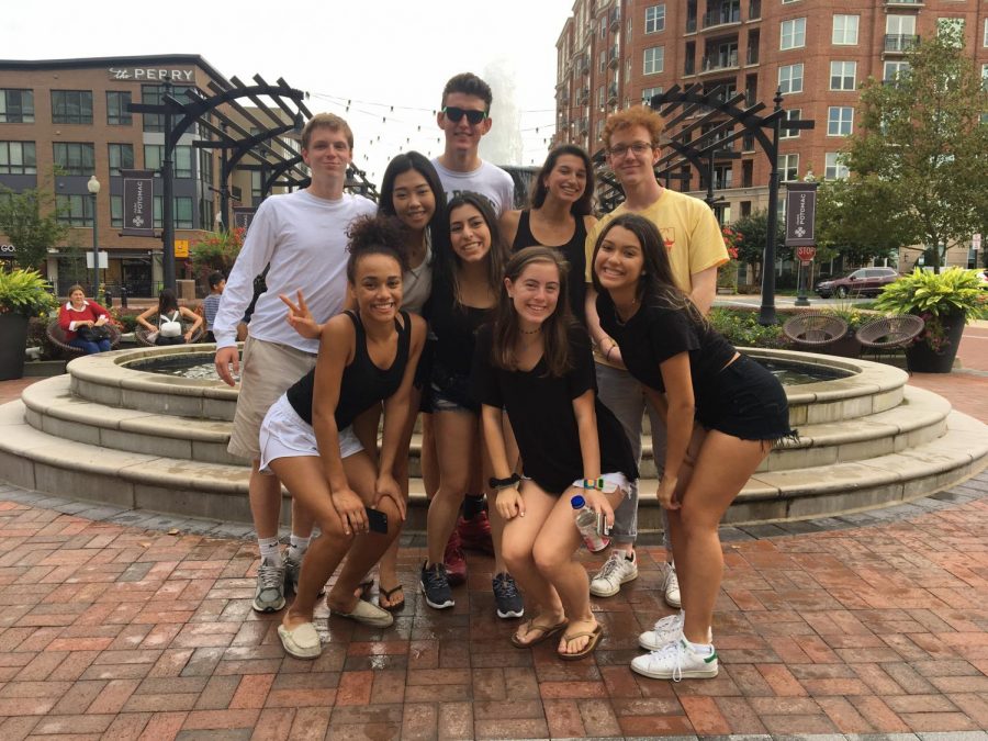 SGA%2C+senior+class+officers+and+cameraman+Jack+Coughlin+pose+for+a+picture.+They+stood+in+front+of+the+fountain+they+used+for+the+videos+introduction.+