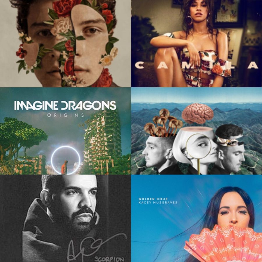 Shawn+Mendes%2C+Camila%2C+Origins%2C+What+is+Love%3F+and+Scorpion+album+covers+courtesy+of+Wikimedia+Commons.+Golden+Hour+album+cover+courtesy+of+itunes.%0A%0ANew+albums+were+released+in+each+genre+this+year%2C+with+many+of+them+now+grammy+nominated.+This+year+new+artists+emerged%2C+such+as+Camila+Cabello%2C+and+old+pros+like+Drake+continued+to+top+the+charts.