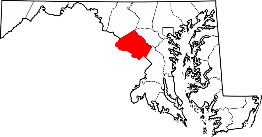 Here+is+a+map+of+Maryland+outlining+each+of+its+school+districts.+The+Montgomery+County+district+is+highlighted+in+red%3B+all+of+the+other+districts+administer+semester+exams+annually.+Photo+credit+to+Wikipedia+Commons