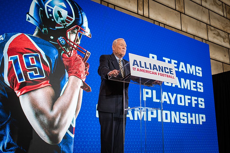 Former NFL executive and co-founder of the AAF, Bill Polian speaking at a press conference.