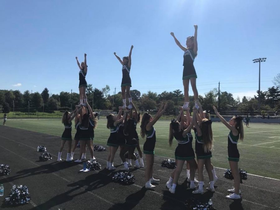 JV cheer prepares for a football game in October 2018. Recent funding issues have forced WJ to cut the  winter JV team, restricting underclassmen from working on their game in a team environment before varsity tryouts.