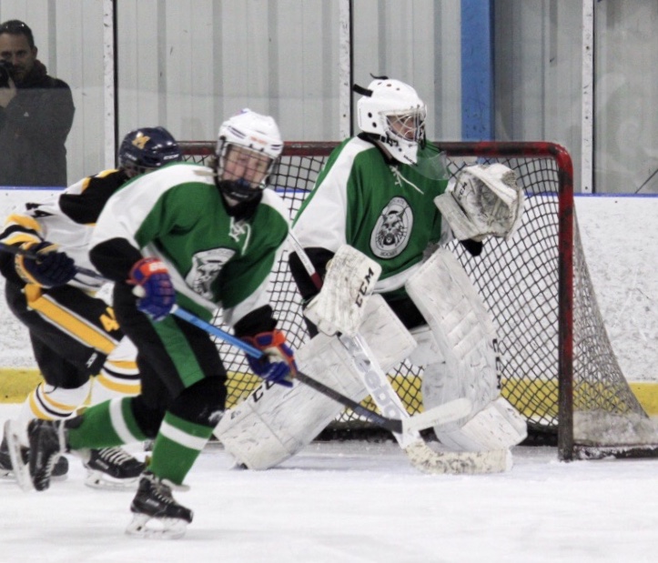 Freshman goalie Joseph Lawrence prepares for a shot in a game against Richard Montgomery on January 11, 2019. The Ice Cats won the game 5-3 with Lawrence saving 38 of the 41 shots in the game. 