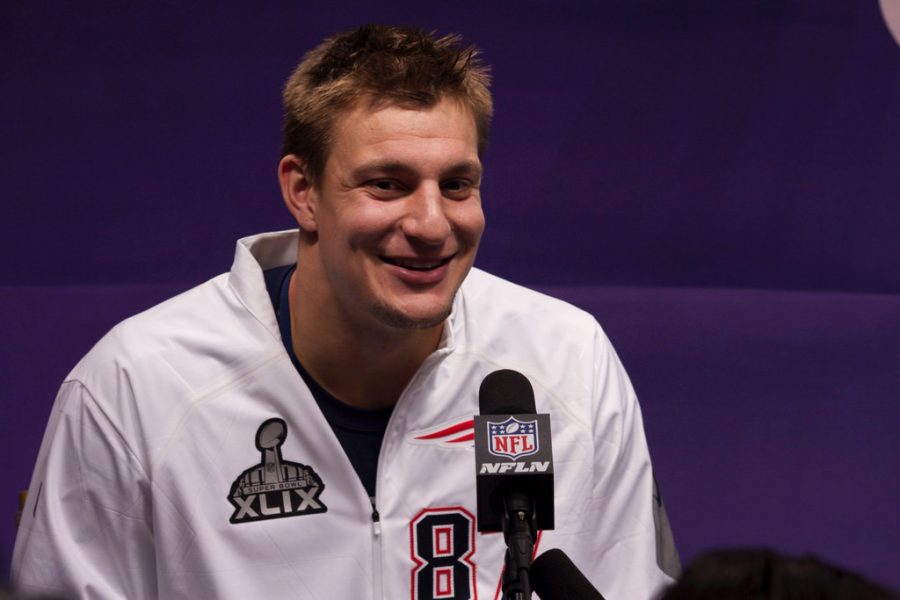 Patriots+tight+end+Rob+Gronkowski+answers+questions+at+media+day+before+super+bowl+49.+At+this+years+media+day%2C+it+was+widespread+that+Gronk+wouldn%E2%80%99t+answer+questions+about+his+possible+retirement.+