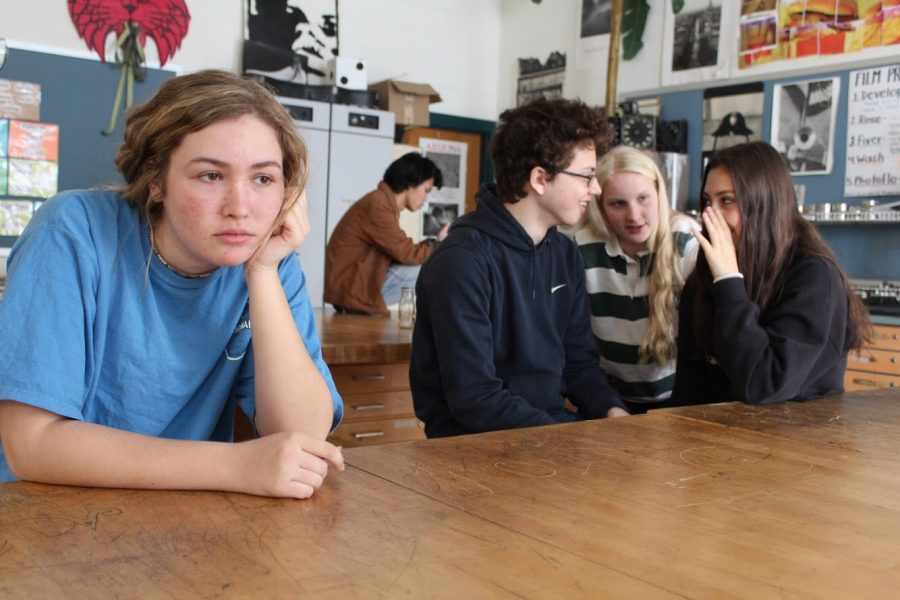 (From left) Jessie Friedman, Noah Weinburg, Abby Matson and Amelia Fink demonstrate the consequences of seemingly harmless jokes. Students can often be victims of insults without direct intent.