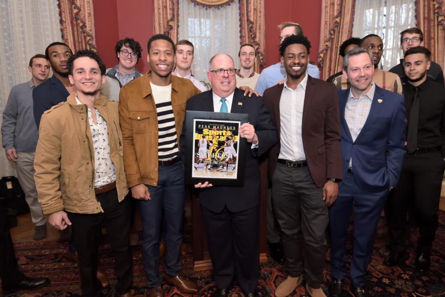Last years Cinderella team, UMBC, visits Maryland governor Larry Hogan after becoming the first 16 seed to beat a one seed when they took down the University of Virginia 74-54.