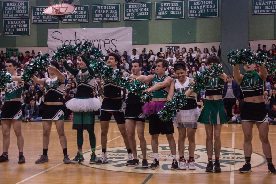 The new poms team excels at the classic move the snake. Male poms shocked when the performed at the pep rally. 