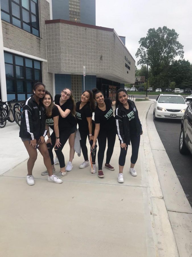 WJ poms team members gleam after their complicated trip o North Bethesda Middle School to recruit new poms. from left to right, Saige Passard, Olivia Cardoni, Ali Becker, Julia Beato, Neda Changuit, and Yolita Baretto.