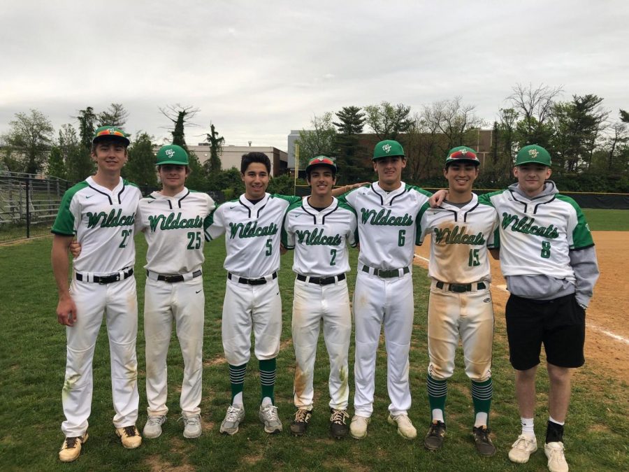 The++seniors+celebrate+their+senior+night+against+Poolesville+to+close+out+the+regular+season.+The+Wildcats+won+the+game+5-2%2C+pitching+a+no-hitter+in+the+process.