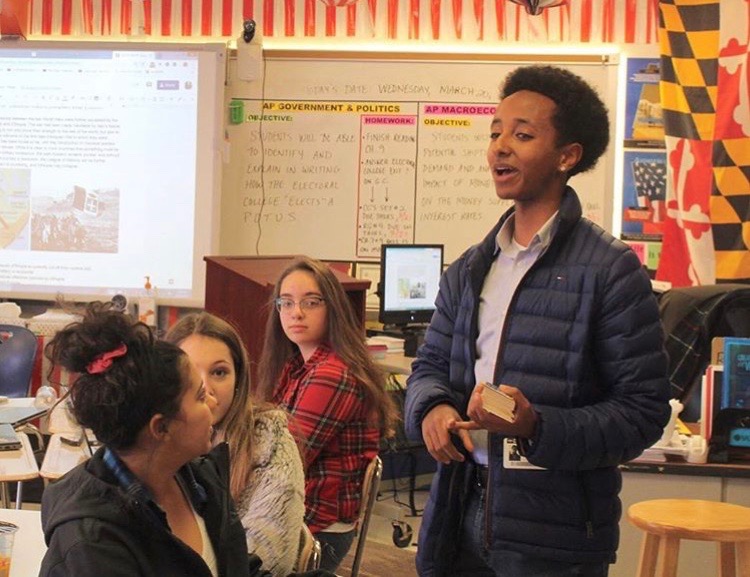 Tinbite speaks to students in Mr. Rodman’s class on March 20. MCPS’s 42nd SMOB made an effort to get in touch with all students through social media, in school visits and other efforts coordinated with MCPS students such as MoCo For Change.
