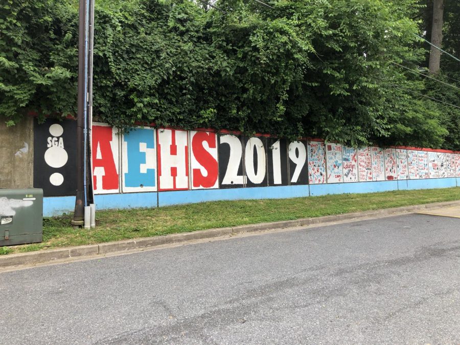 A mural made by the Albert Einstein High School class of 2019. Seniors painted their name on the wall outside the front of the school.