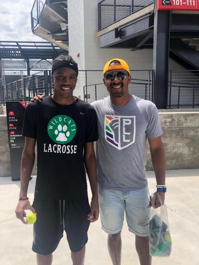 Senior Zachary Cannon with Redwoods midfielder Kyle Harrison before a Premier Lacrosse League game at Audi Field in Washington DC.