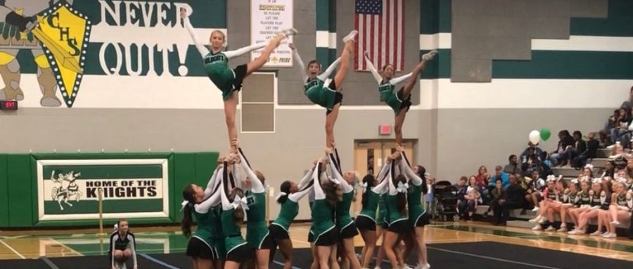 WJ+cheer+performs+in+their+first+competition+of+the+season+at+Century+High+School.+The+team+will+honor+their+seniors+tonight+alongside+the+football+players.