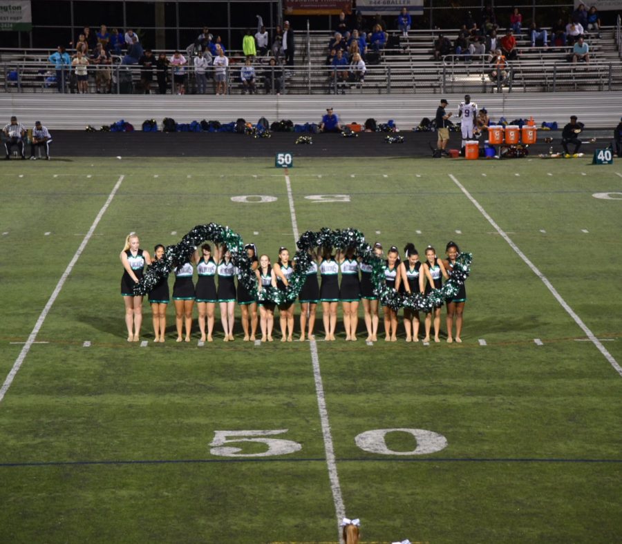 The Poms perform their iconic snake while the crowd goes wild. The snake is a staple of WJ halftime shows.