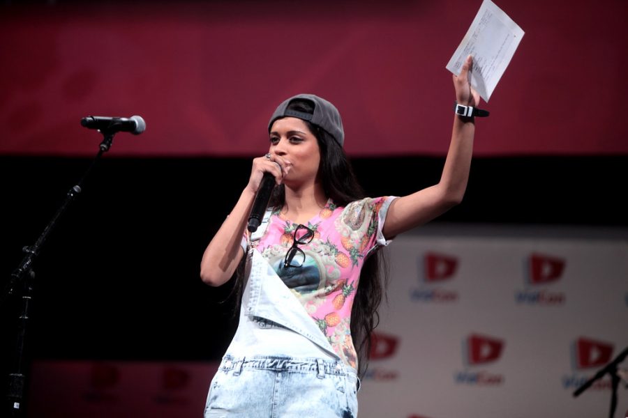 Lilly Singh speaking at the 2014 VidCon convention at the Anaheim Convention Center.