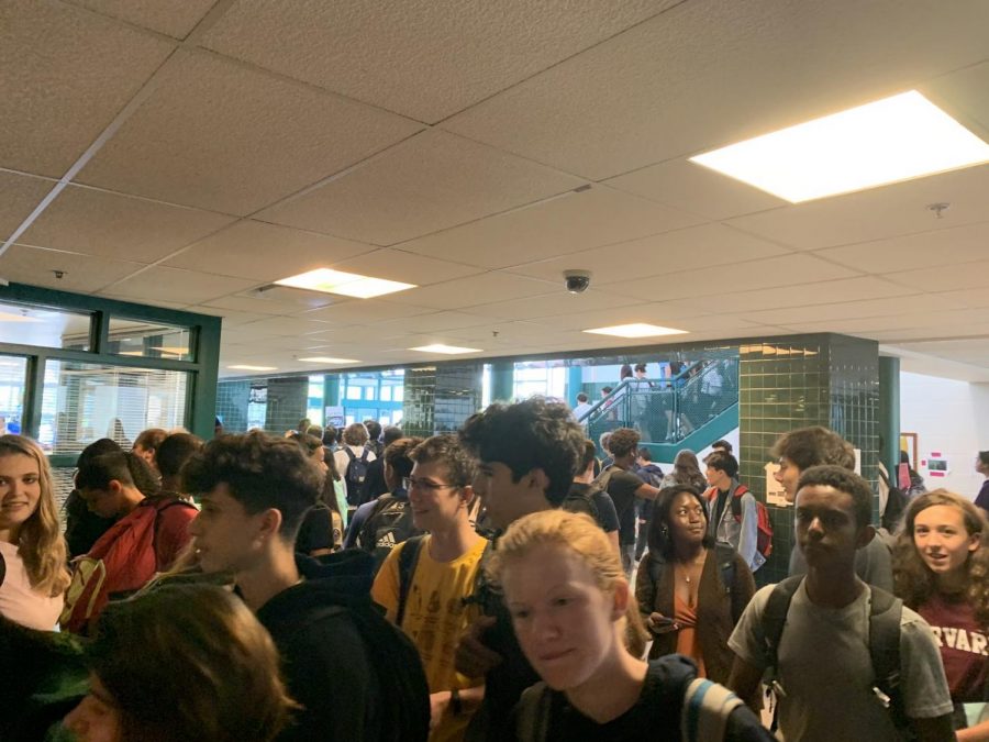 Students crowd the hallways in between periods during the school day.  The student population has grown from around 2,400 to 2,700 students.  Photo by Kiley Ring