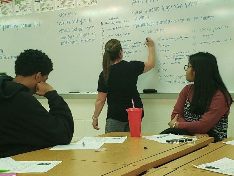 Health teacher Lorraine Goldstein leads the class in the first activity of the family life unit. The activities rely heavily on student participation and many enjoy these engaging subjects.