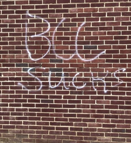 Vandalism found on the wall by the entrance to BCC. This message was spray painted on the wall along with other profane messages. It is unknown who left these messages.