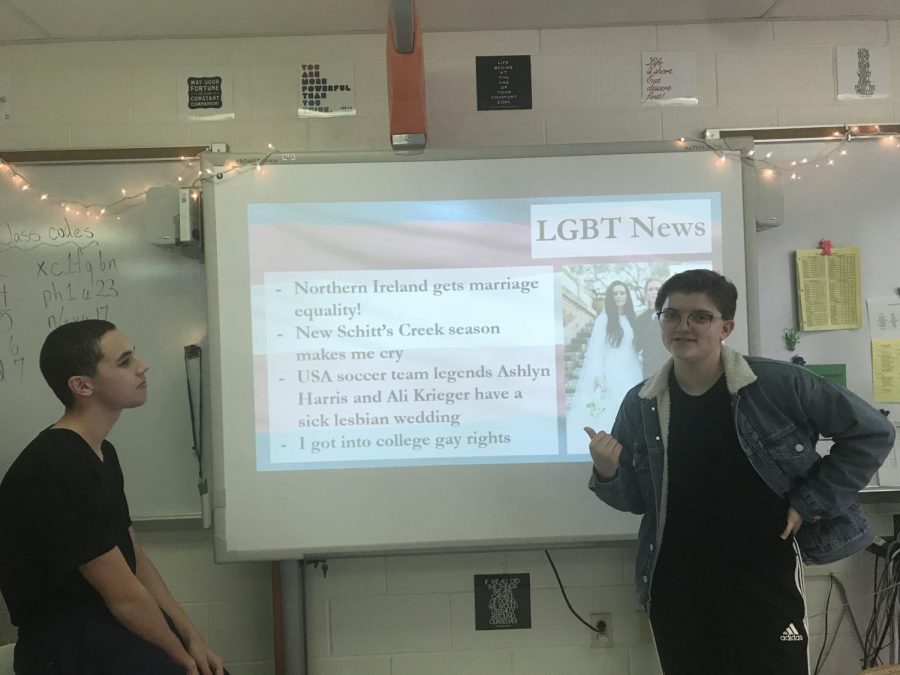 Senior+Lucille+Bengston%2C+President+of+the+Gender+and+Sexuality+Alliance%2C+and+Bradley+Woodside%2C+Vice+President%2C+explain+LGBTQ%2B+news+to+the+club.+