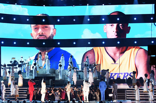 Images of the late Kobe Bryant and late Nipsey Hussle, who won two posthumous Grammys, were projected onstage during the 62nd Annual Grammy Awards at the Staples Center on January 26, 2020, in Los Angeles, California.
