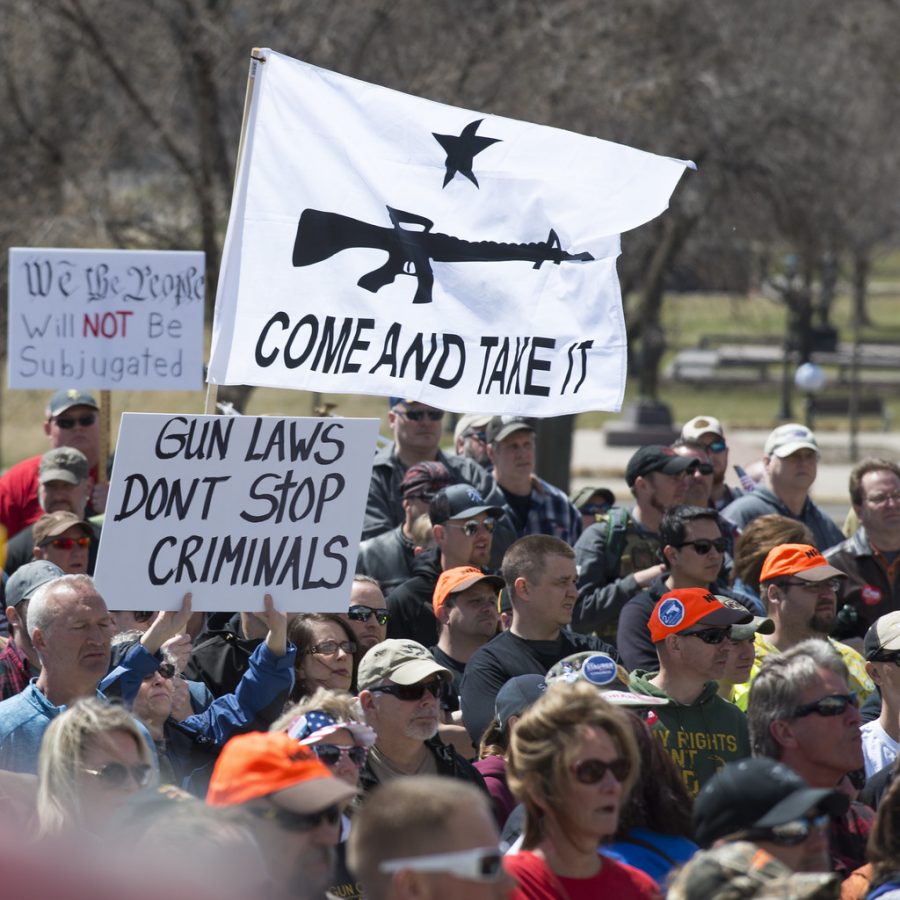 Protesters hold up signs in reaction to a law proposed in the Virginia Senate. Gun rights activists call the law a Unconstitutional gun grab.