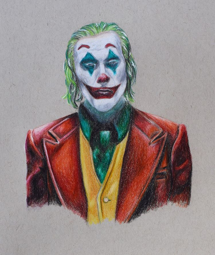 For this Joker portrait, a blend of colors were smoothly incorporated. In contrast to her pencil sketch, Phamm explained, sometimes colors that seem like they are totally out of the color palette is what really brings the piece together. In this specific piece, the abstract additions were subtle blues and purples.